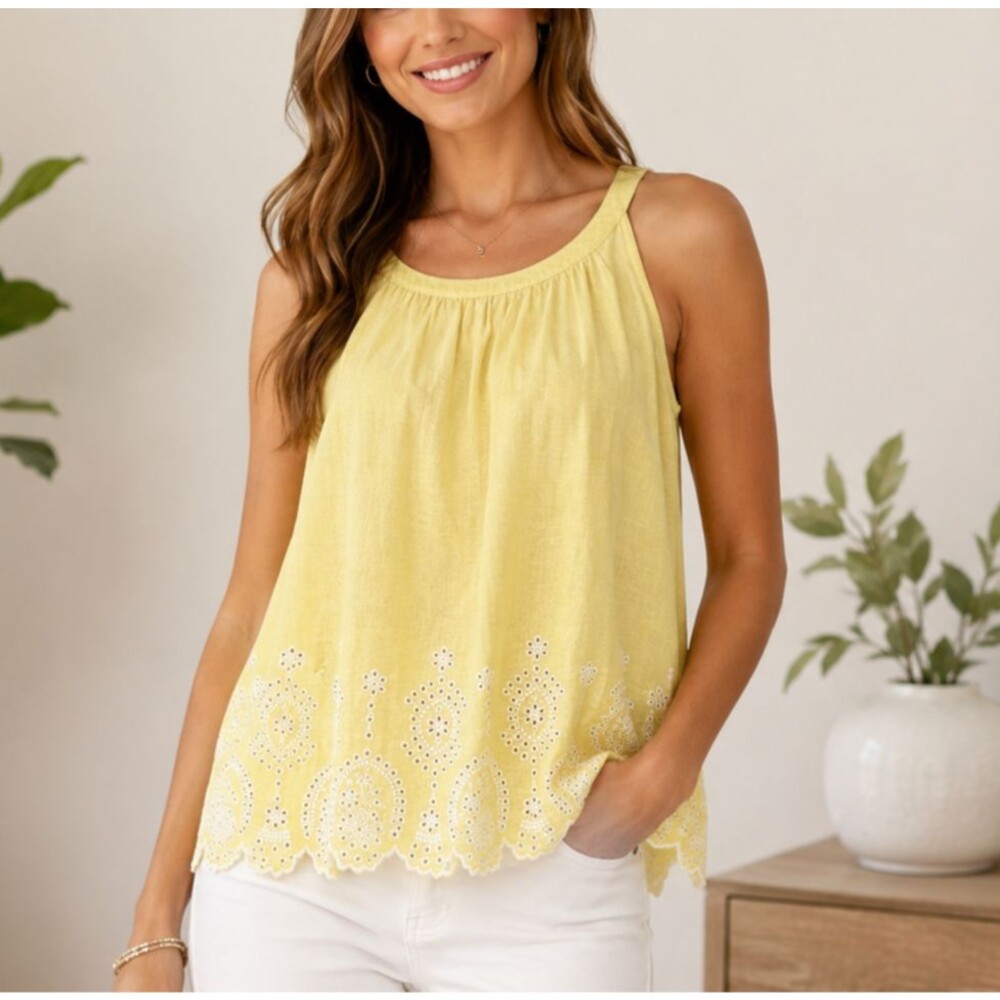 LOFT Yellow Linen Blend Eyelet Embroidered Sleeveless Tank Top NWT XL